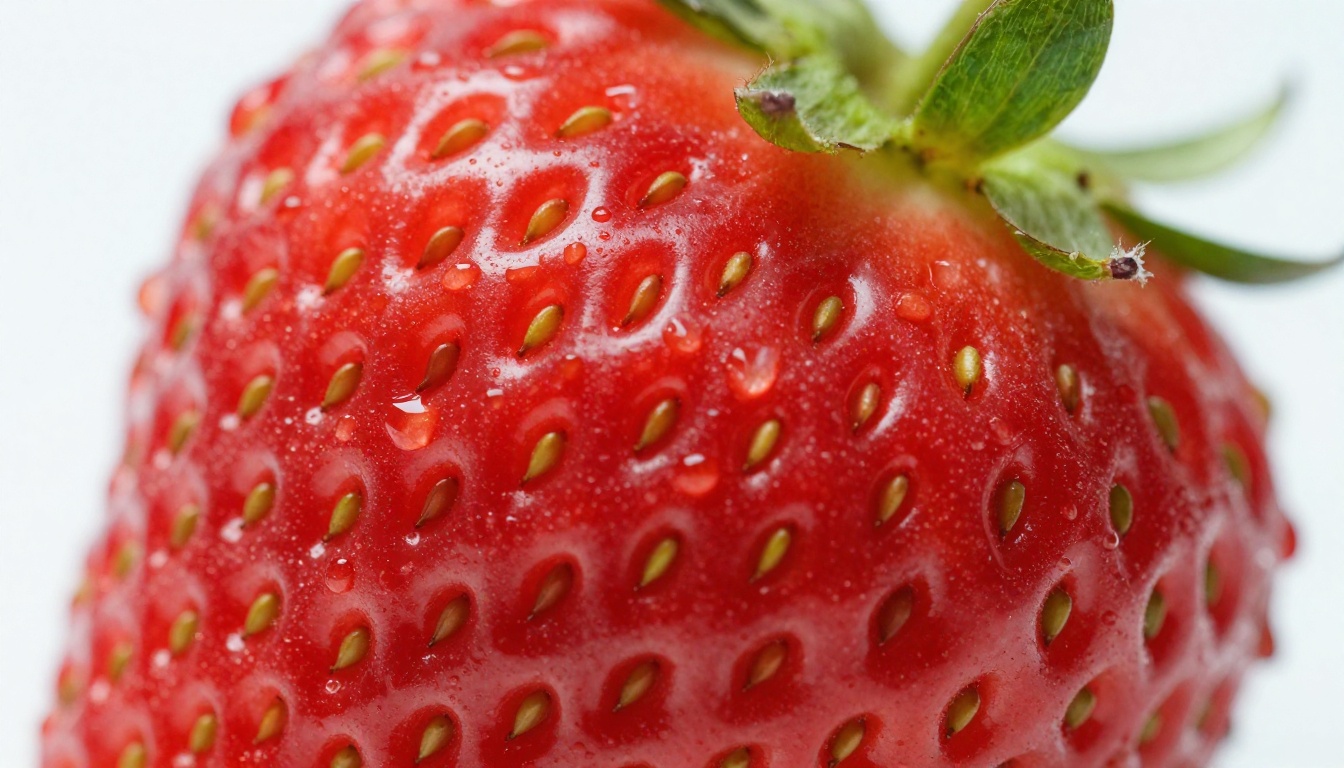 Ultra macro photograph of a single ripe strawberry with water droplets refracting light