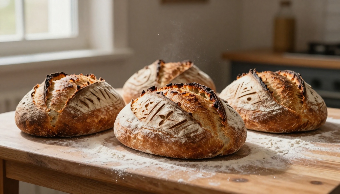 Low angle hero shot of artisan sourdough bread loaves with golden caramelized crust