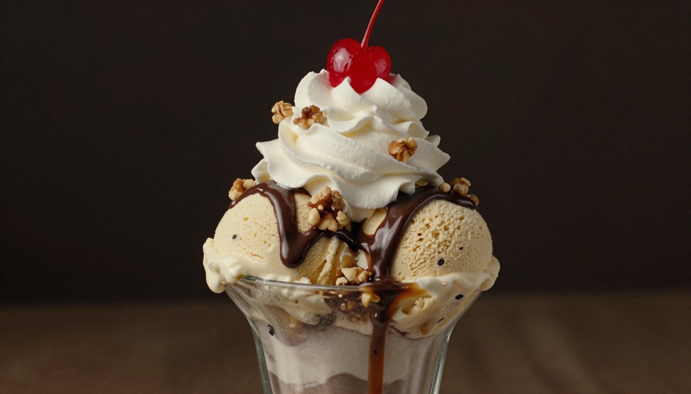 Side view dramatic ice cream sundae with chocolate ganache drizzle and whipped cream peaks