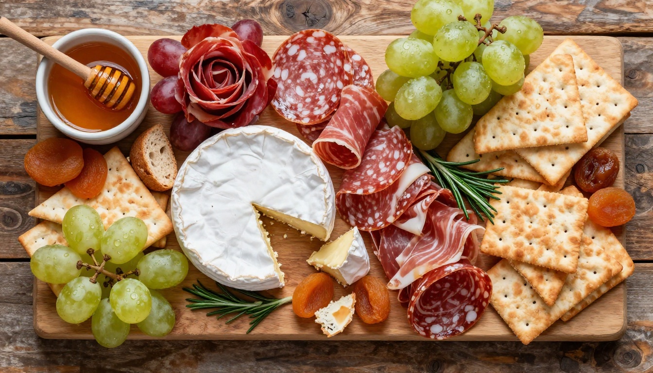 Aerial overhead charcuterie board with prosciutto roses, aged cheeses, fresh grapes and honey
