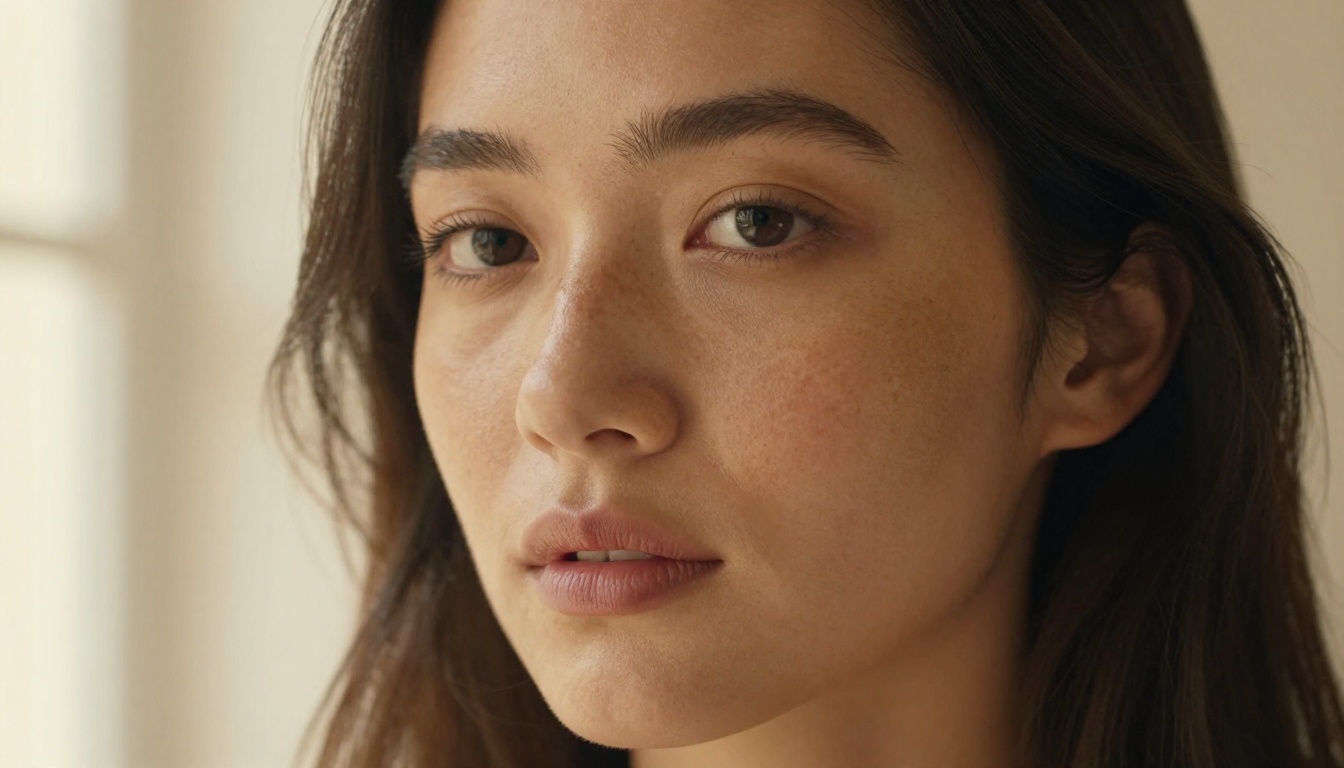 Close-up portrait of a young woman with natural skin texture and warm freckles