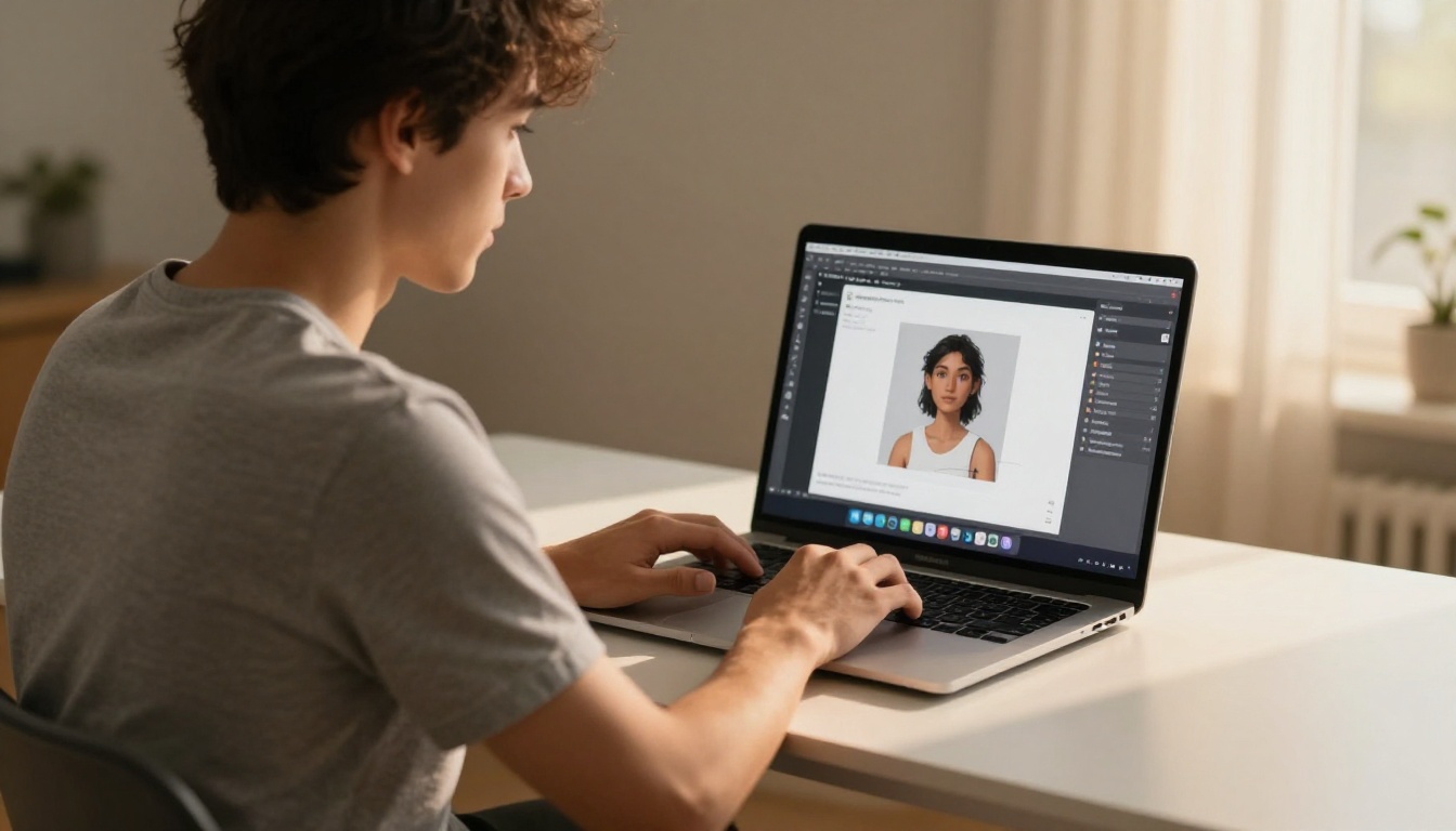 A focused person at a laptop working on an avatar creation interface