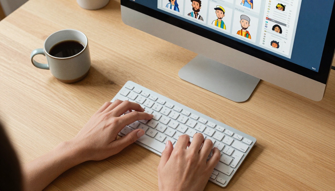 Aerial top-down view of hands on a keyboard with avatar software on a monitor