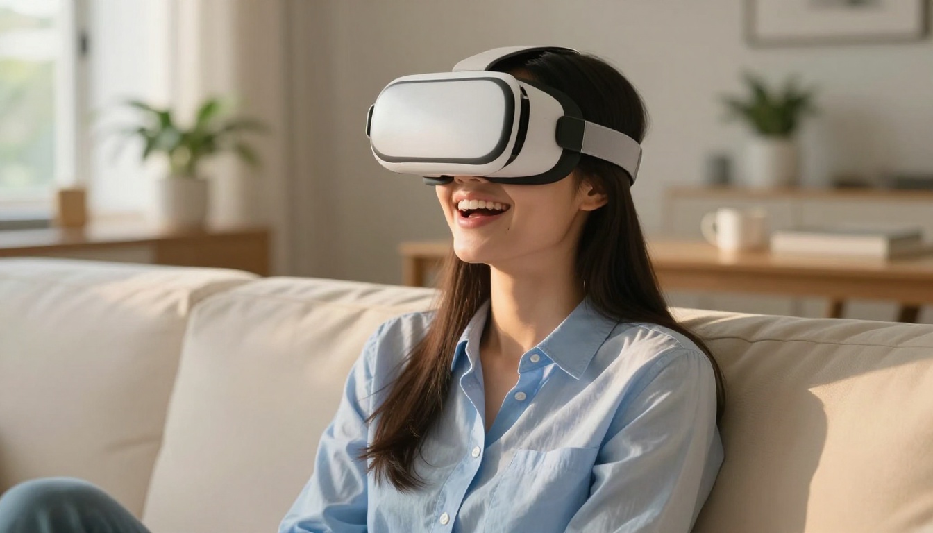 Young woman laughing while wearing a VR headset in a bright contemporary living room