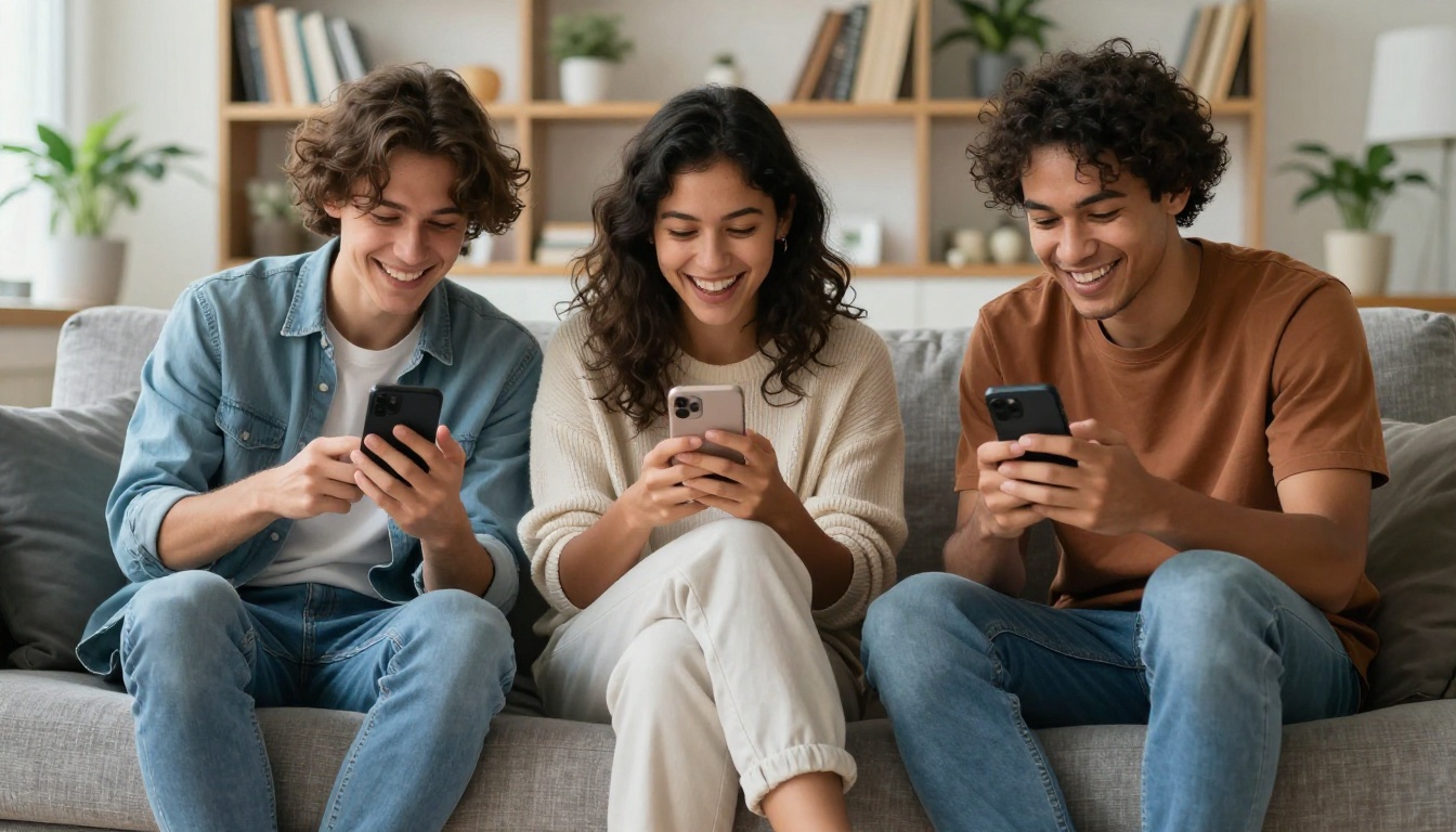 Three diverse friends sharing avatar results on their smartphones on a sofa