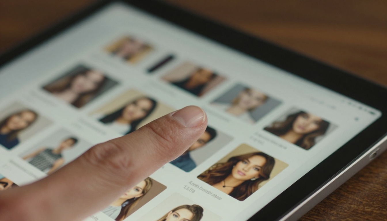 Person's fingertip touching a tablet screen showing an avatar customization interface
