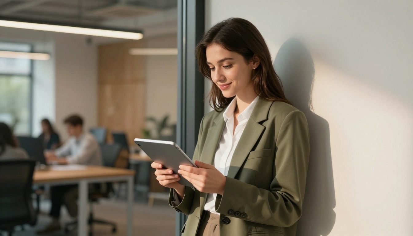 Confident woman holding a tablet with an avatar interface in a modern co-working space