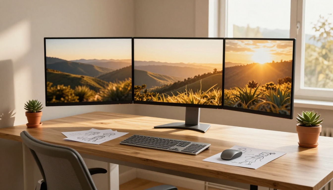 Wide shot of a modern home office at golden hour with a large monitor and oak desk
