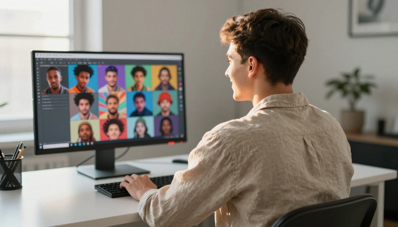 Man sitting at a standing desk browsing a colorful avatar gallery on a large monitor