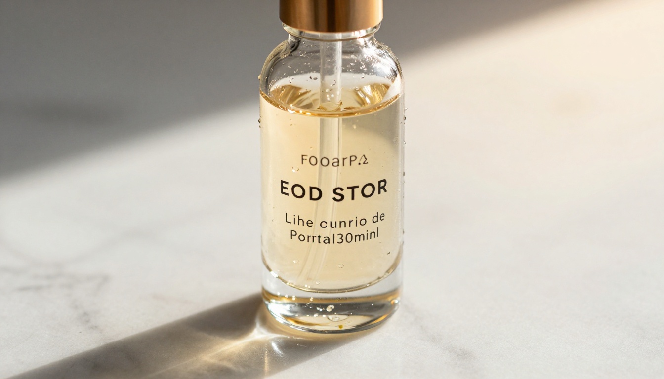 Premium skincare serum glass bottle with photorealistic light refraction and depth
