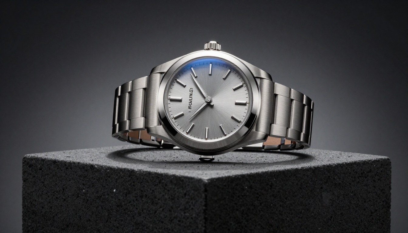 Luxury watch on concrete pedestal with hyper-photorealistic three-dimensional metal reflections