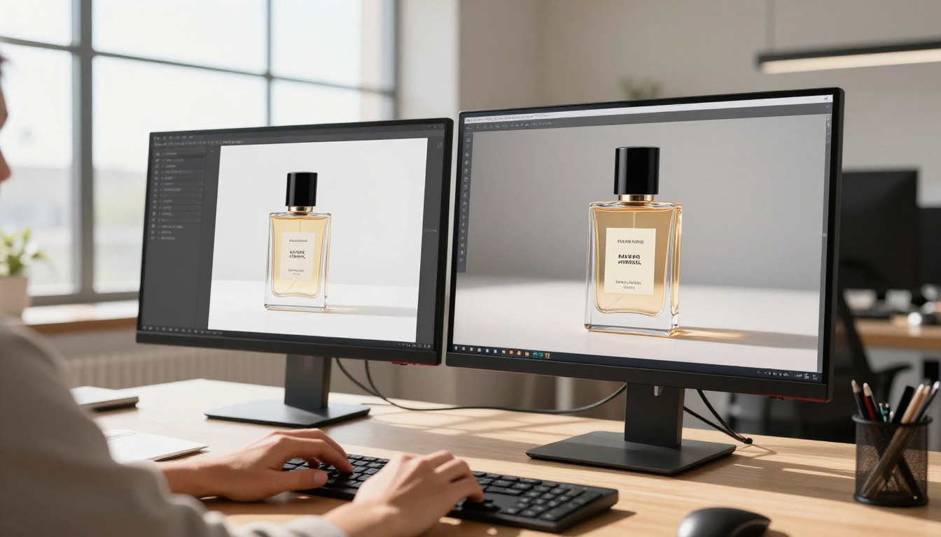Professional designer comparing flat versus depth-enhanced product images on dual monitors