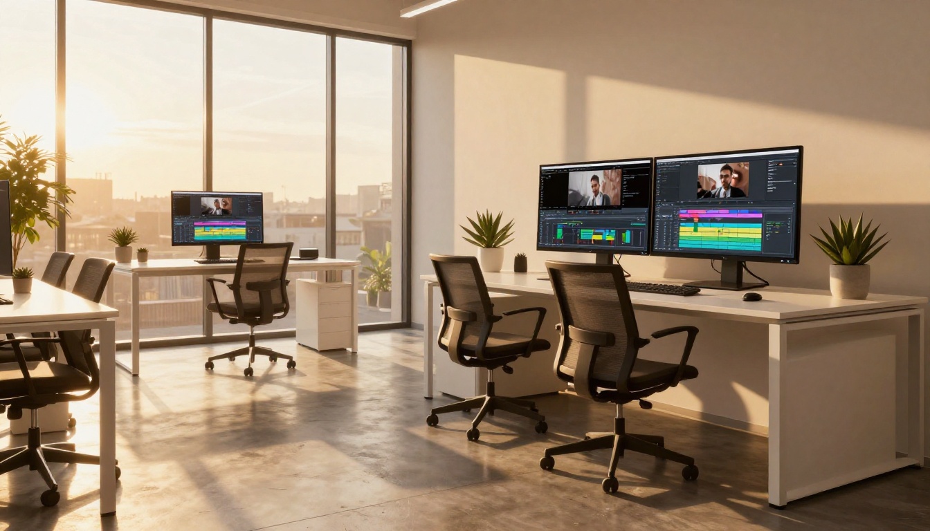 Two creative workstations showing different AI video production tools in a modern studio