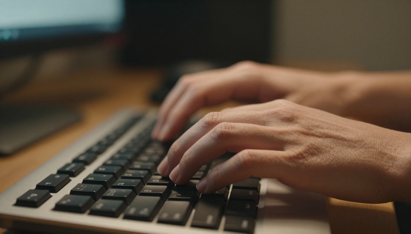 Hands at a keyboard crafting the prompt that will drive an AI video generation