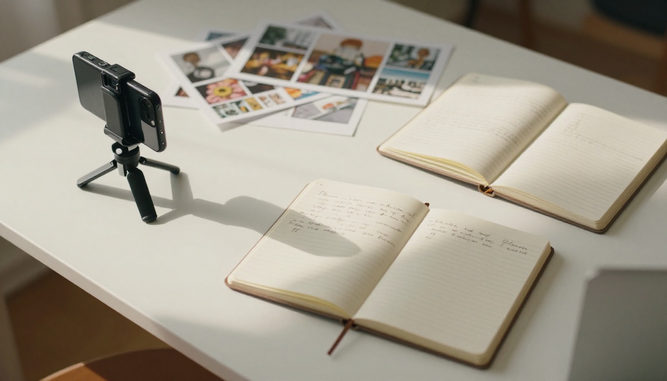 A creator's flat-lay workspace with all the tools needed to start producing AI-generated video content