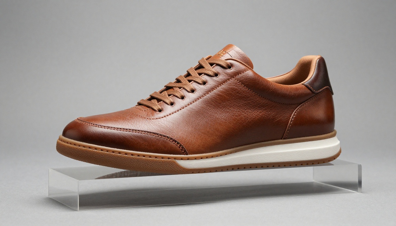 Premium leather sneaker on acrylic riser with three-dimensional surface texture and depth