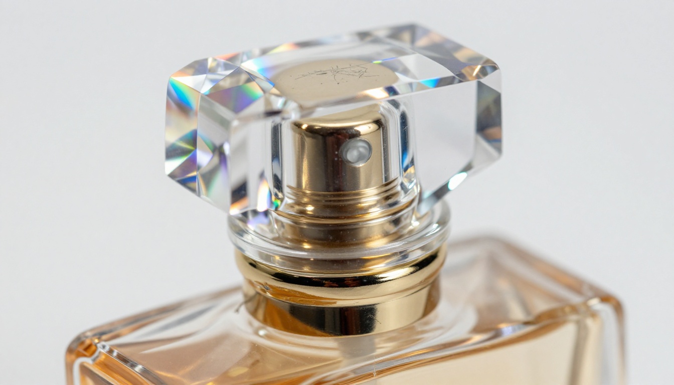 Luxury perfume bottle crystal glass stopper with prismatic light refractions in macro detail