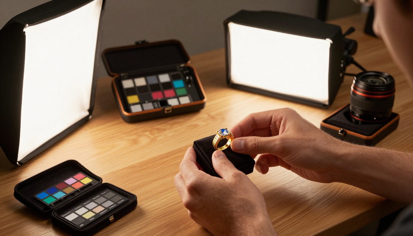 Overhead bird's-eye view of a professional jewelry photography setup with gold ring detail