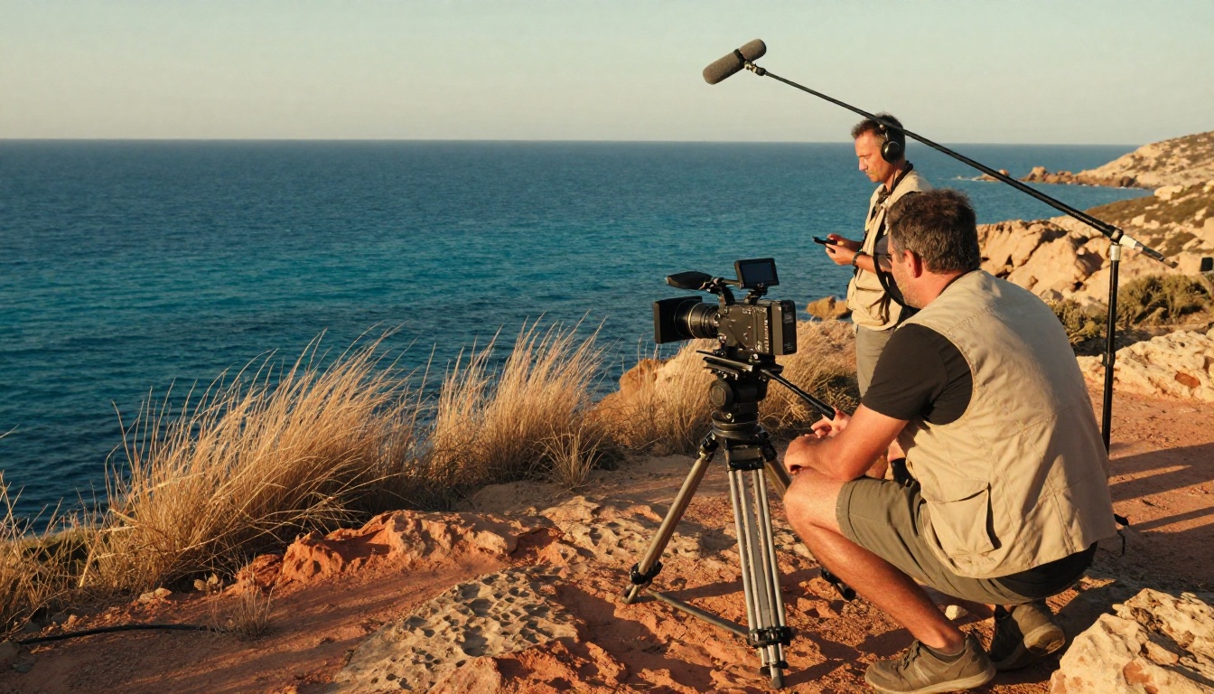 Film crew capturing cinematic footage on a Mediterranean coastal location at golden hour
