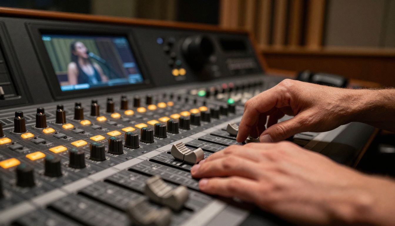 Audio engineer adjusting mixing console faders in a professional recording studio