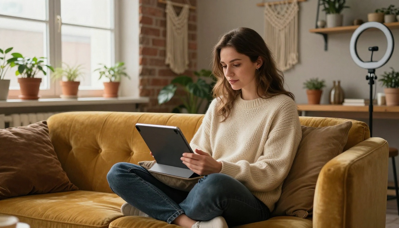 Social media content creator reviewing footage on a tablet in a warm Scandinavian-style apartment