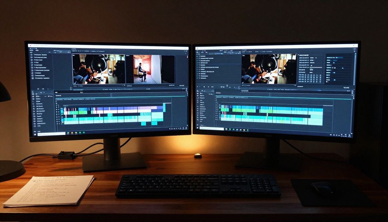 Dual monitor post-production suite showing video quality comparison in a dark editing room