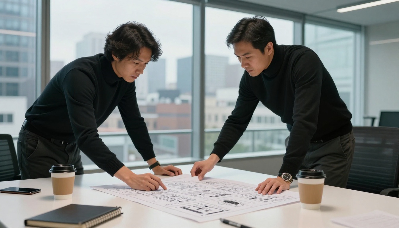 Commercial advertising director reviewing a storyboard with a client in a modern agency boardroom Commercial advertising director reviewing a storyboard with a client in a modern agency boardroom