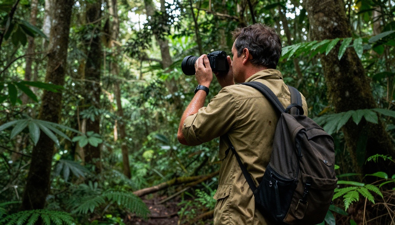 Documentary filmmaker capturing footage in a lush tropical rainforest with a professional mirrorless camera Documentary filmmaker capturing footage in a lush tropical rainforest with a professional mirrorless camera