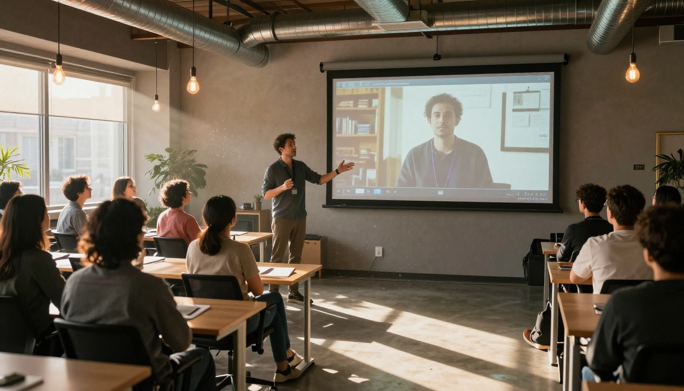 Startup founder presenting a video project to colleagues in a modern open-plan tech office Startup founder presenting a video project to colleagues in a modern open-plan tech office