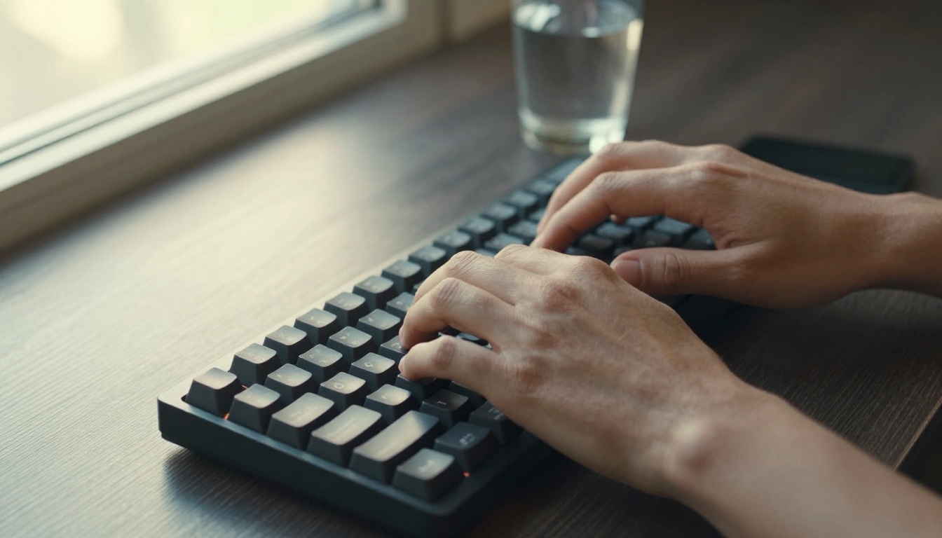 Hands typing a video prompt on a mechanical keyboard in a warm-lit studio workspace