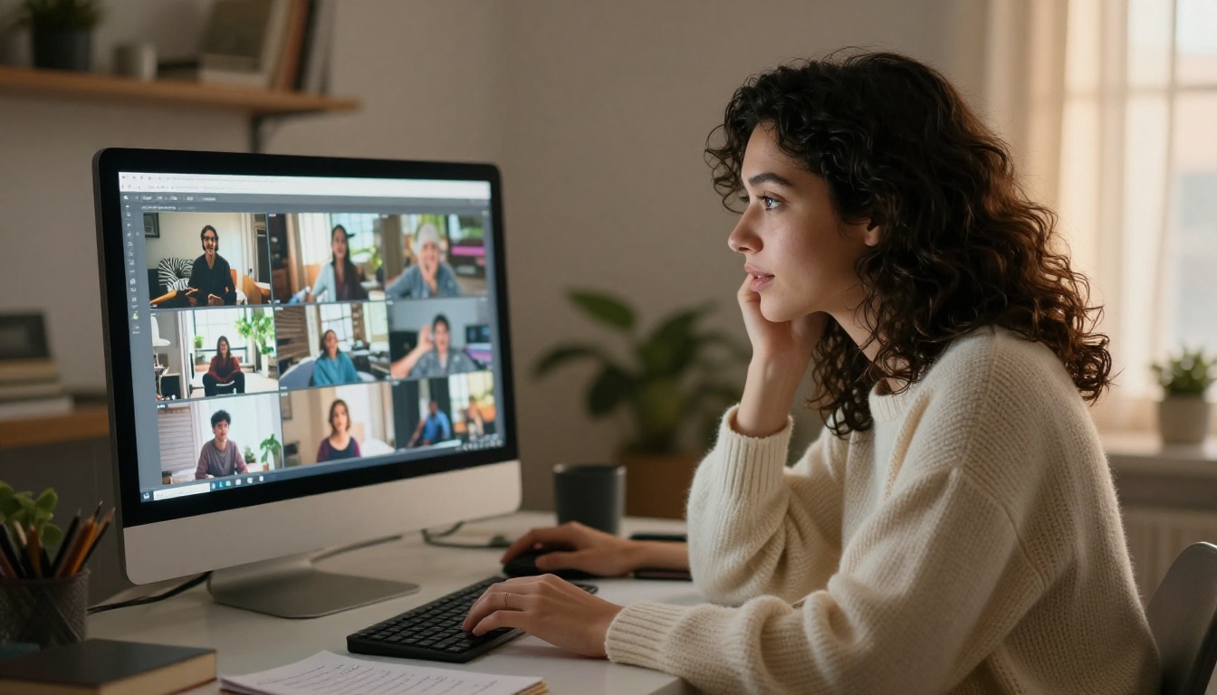 Woman reviewing AI-generated video clips on a large 4K monitor in a home studio