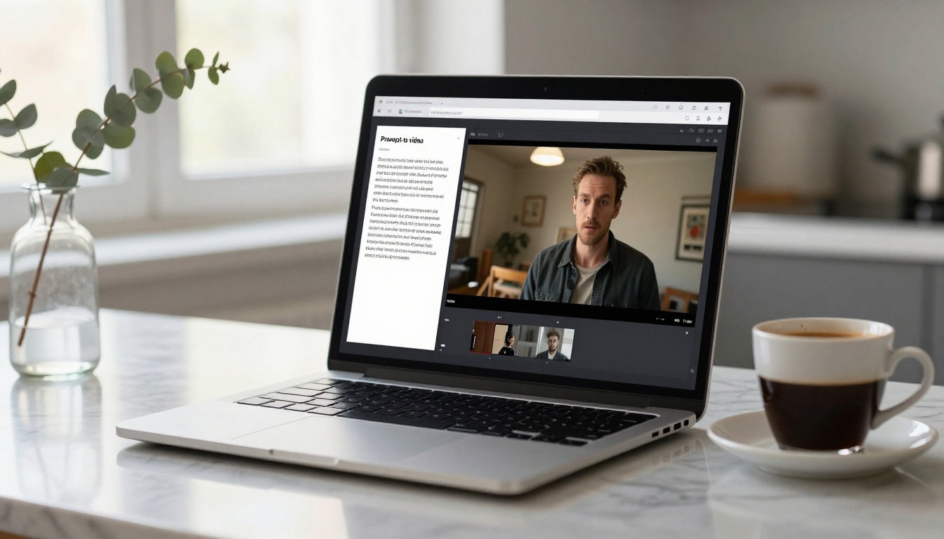 Laptop on marble counter showing a text prompt next to rendered video frames