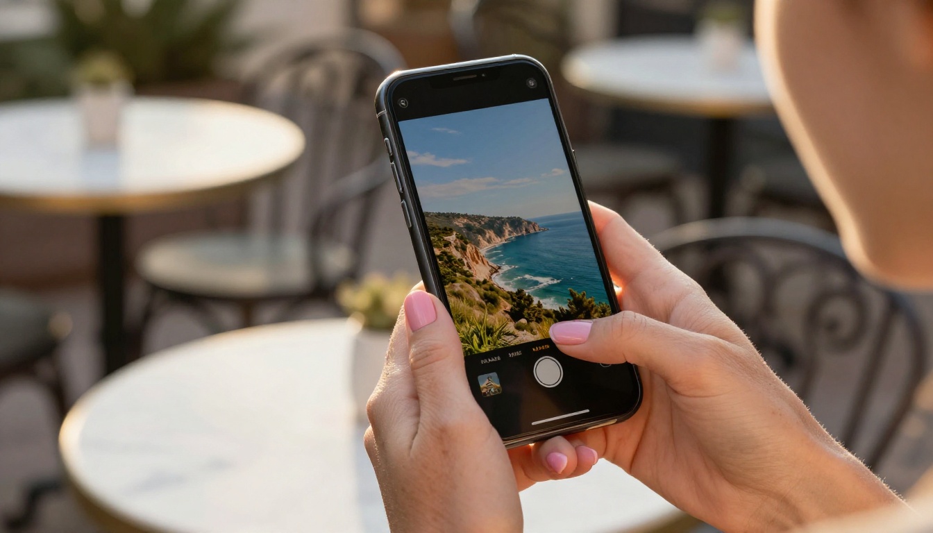 Close-up of a hand holding a phone showing an AI-generated coastal video at an outdoor café