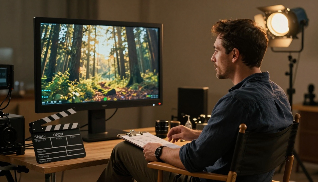 Video director in a canvas chair reviewing cinematic forest footage on a broadcast monitor