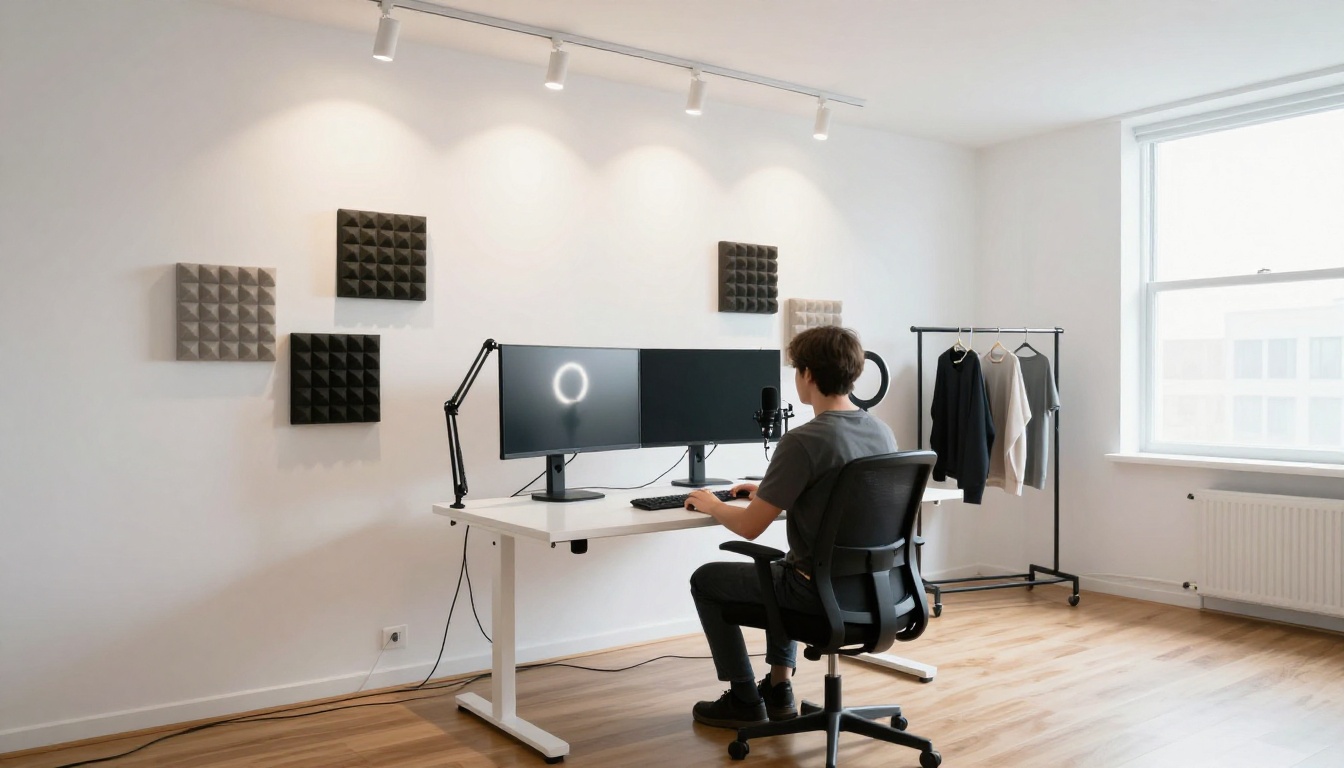 Modern content creator studio with white walls, standing desk, and dual ultrawide monitors