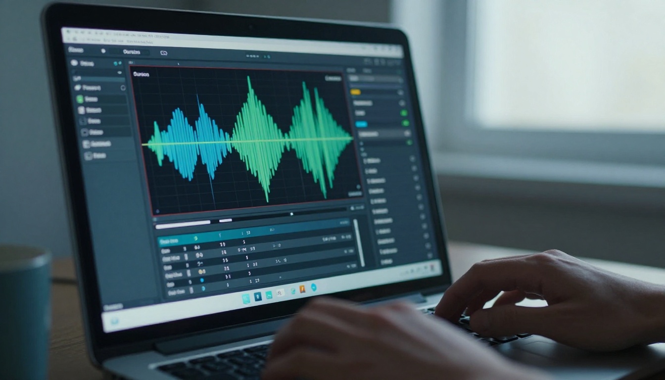 Computer monitor close-up showing a video generation interface with colorful audio waveform visualization