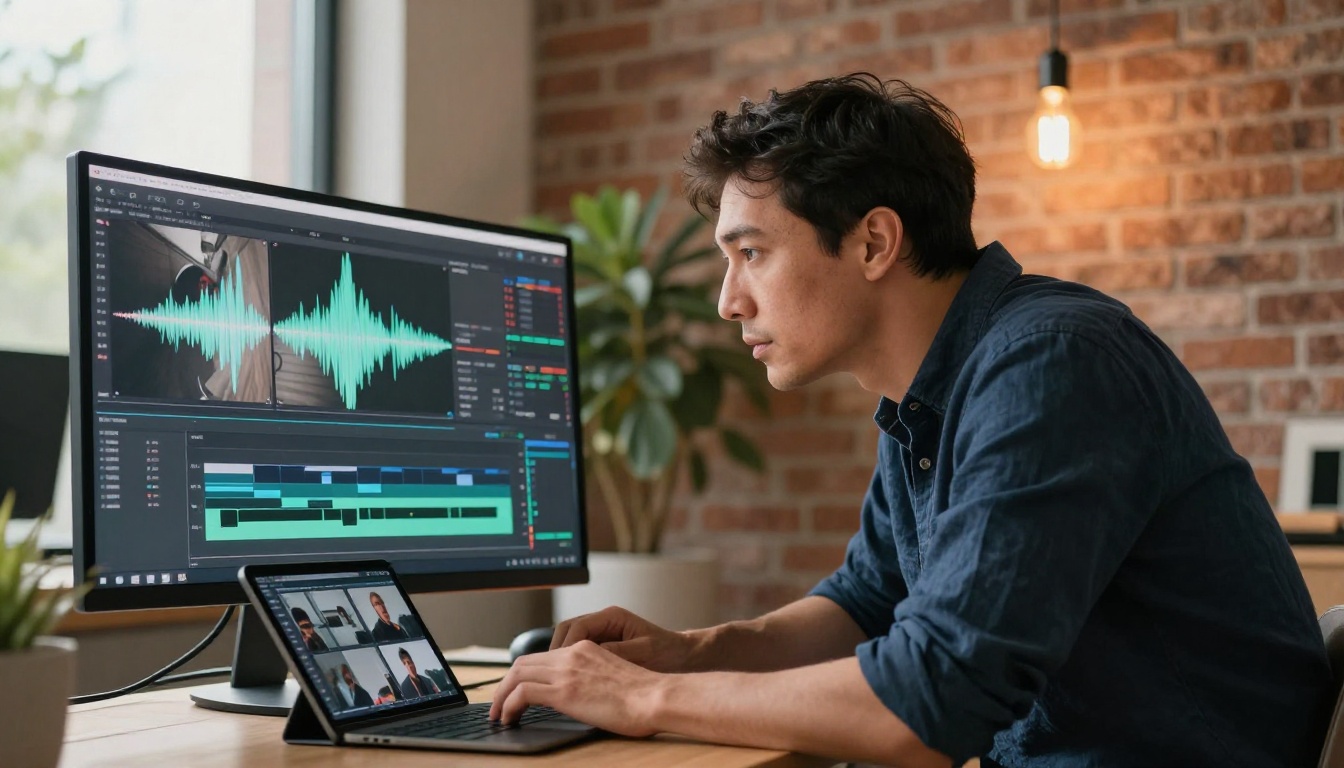 Creative professional reviewing a video timeline, evaluating AI-generated footage across model versions Creative professional reviewing a video timeline, evaluating AI-generated footage across model versions