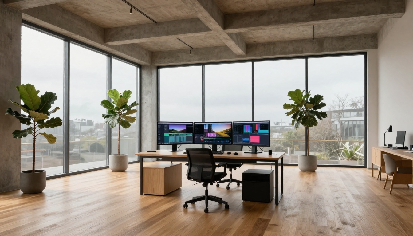Modern creative studio with video editing workstation