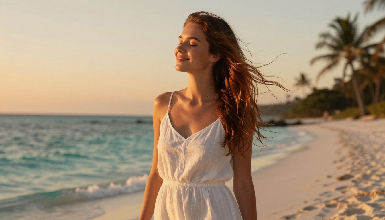 Beautiful woman in a white linen sundress on a white sand beach at golden hour with warm backlit glow