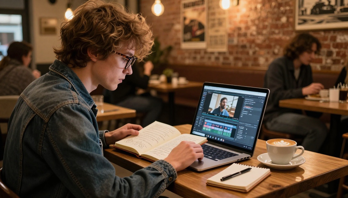 Filmmaker with tortoiseshell glasses working on a laptop in a warm amber-lit coffee shop with notebook
