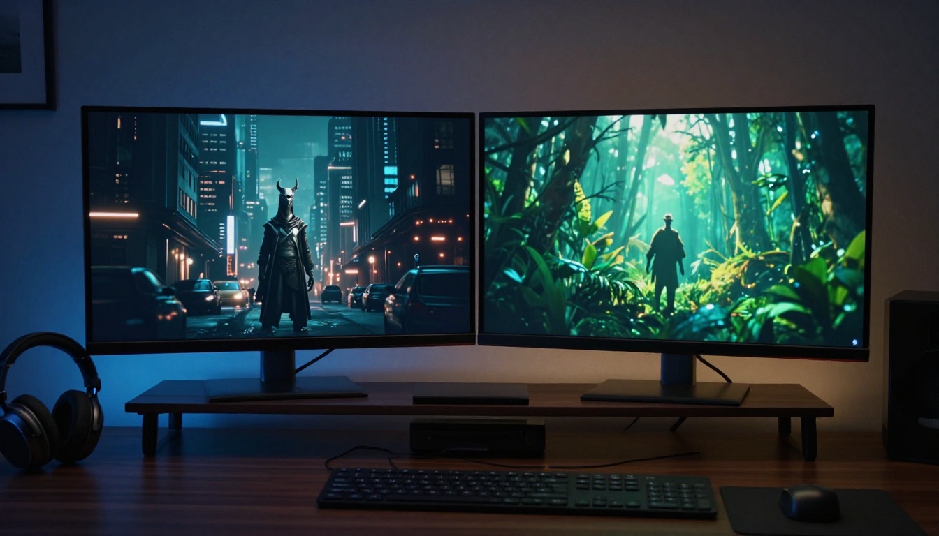 Dual monitor setup comparing different AI video model outputs side by side Dual monitor setup comparing different AI video model outputs side by side