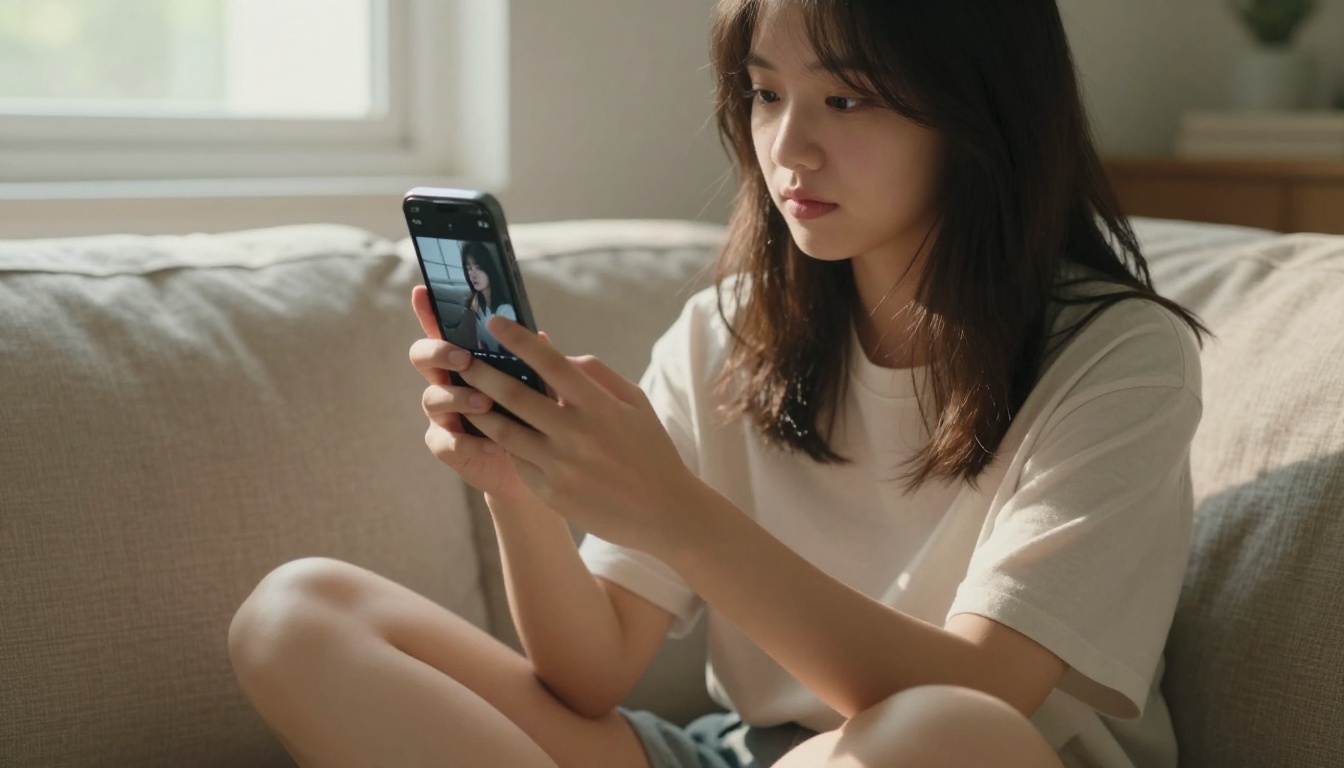 Woman with smartphone reviewing AI video