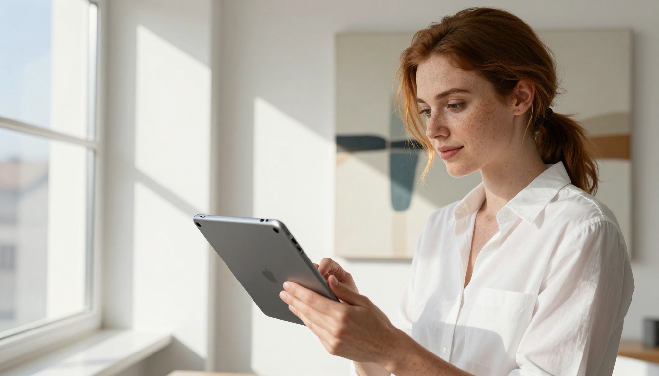 Woman holding a tablet reviewing animated video results in a bright modern office