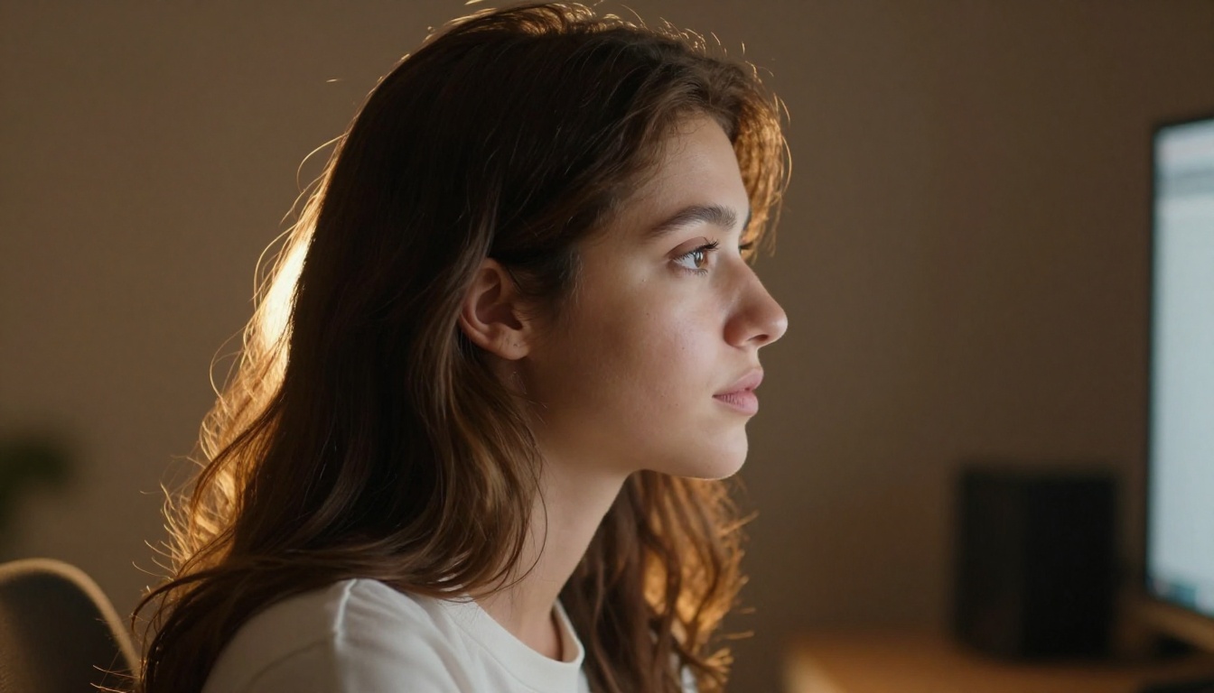 Side profile portrait of woman working at monitor