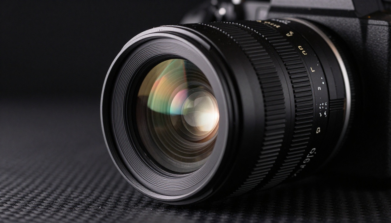 Close-up of professional cinema camera lens on dark surface