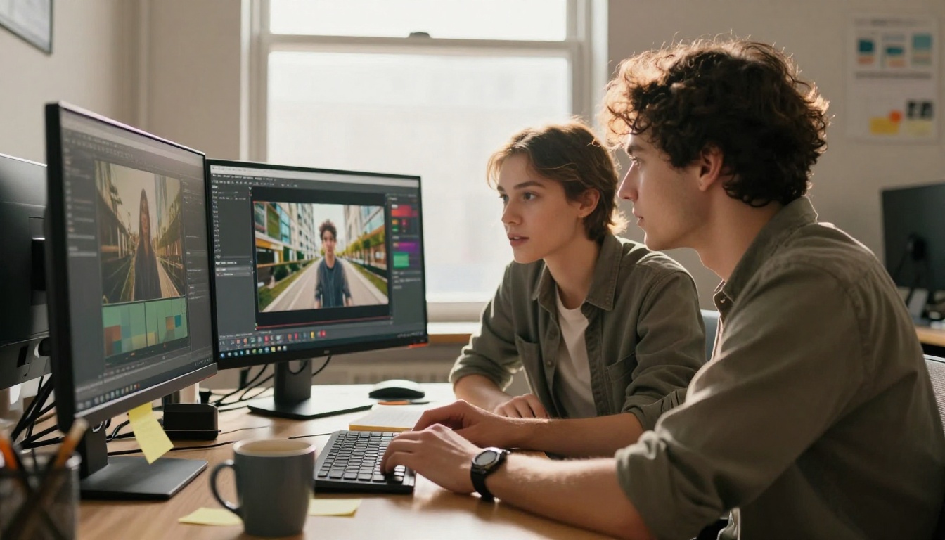 Two creative professionals reviewing footage on monitor together