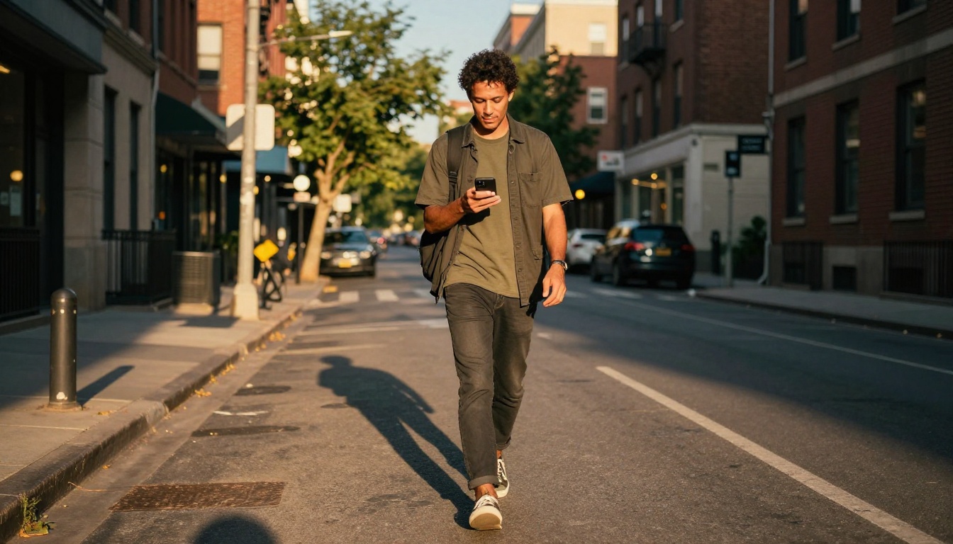 Creative professional walking sunlit urban street with smartphone
