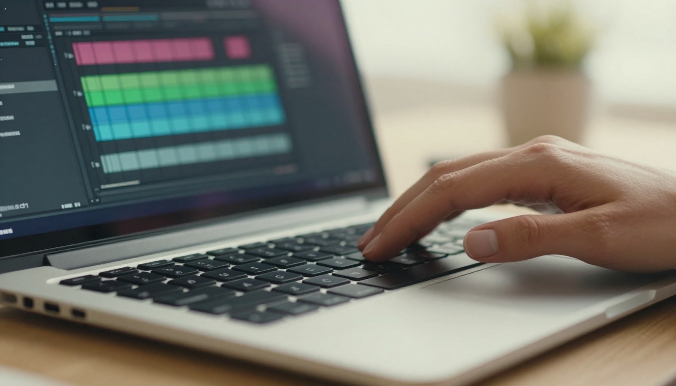Creator hands on laptop keyboard with video editing timeline visible