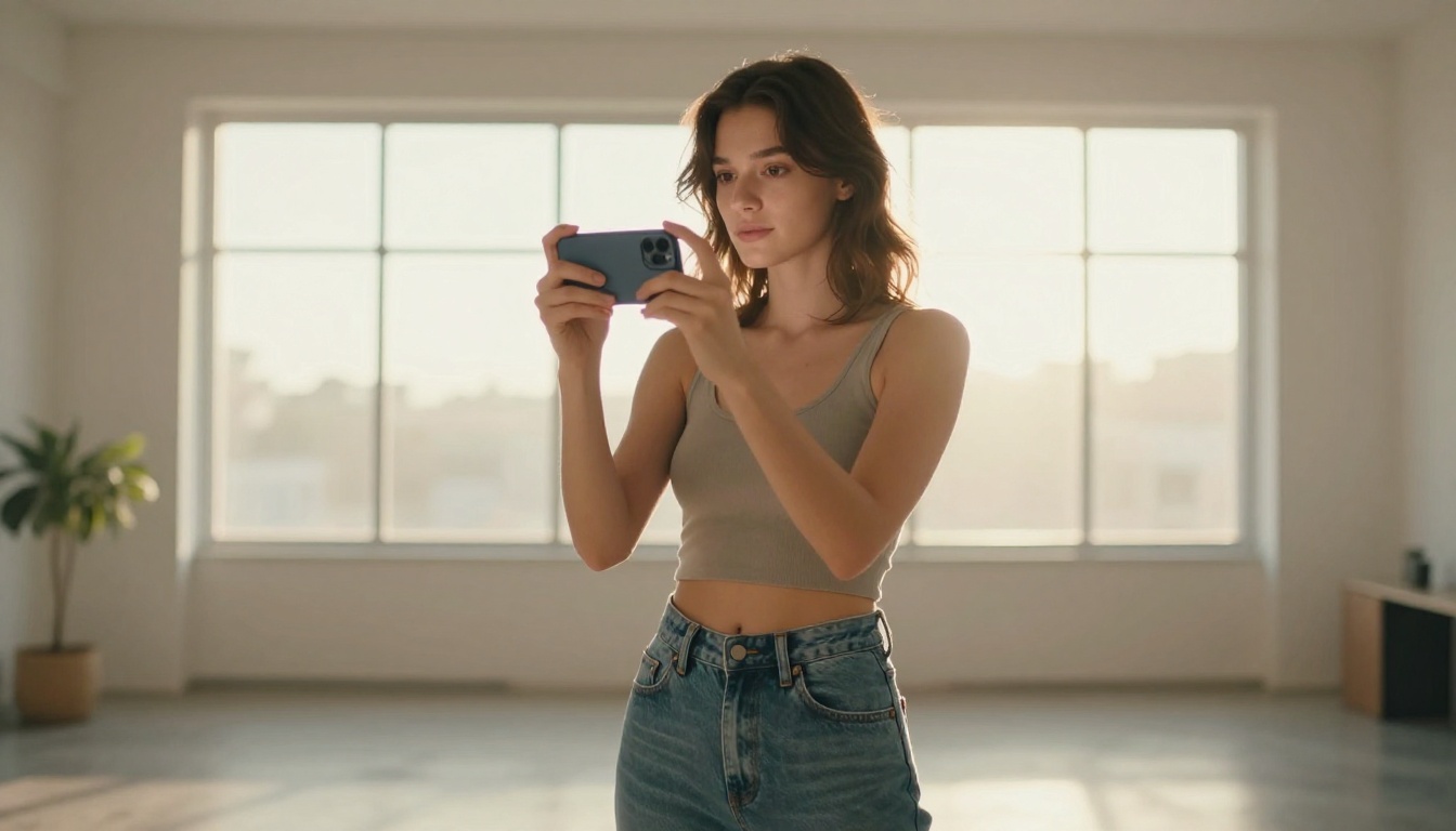 Low-angle shot of young woman holding smartphone to record short-form video