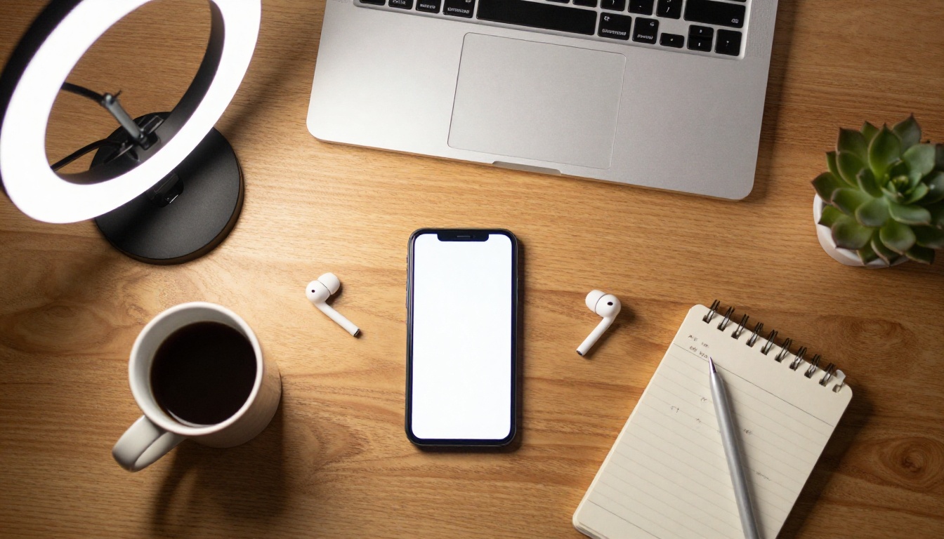 Aerial flat-lay of content creator desk with phone, ring light, and notebook